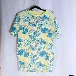 Free Planet Size M Yellow Organic Cotton blend palm leaves t-shirt